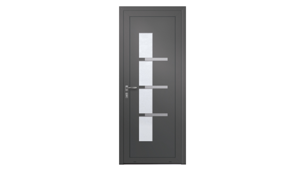 Porte d'entrée PVC parclosé OURAL Porte d'entrée grise avec décor inox et partie vitrée